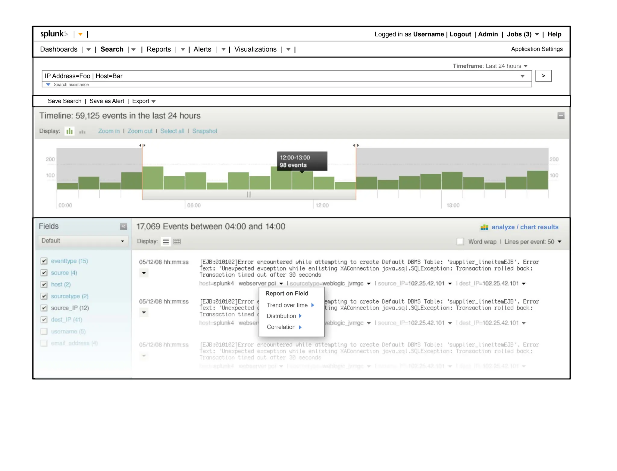 |     |                                                                          Logged in as Username | Logout | Admin | Jobs (3)       | Help

Dashboards |            | Search |   | Reports |   | Alerts |   | Visualizations |     |                                                  Application Settings

                                                                                                                      Timeframe: Last 24 hours
 IP Address=Foo | Host=Bar                                                                                                                           >
    Search assistance


  Save Search | Save as Alert | Export

Results




                                                                                                                                   analyze / chart results




                                                                            Report on Field
                                                                            Trend over time
                                                                            Distribution
                                                                            Correlation
 
