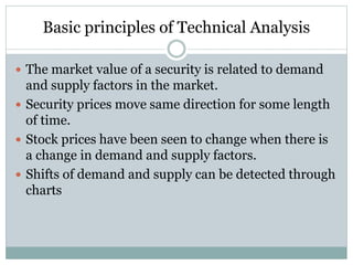 Basic principles of Technical Analysis
 The market value of a security is related to demand

and supply factors in the market.
 Security prices move same direction for some length
of time.
 Stock prices have been seen to change when there is
a change in demand and supply factors.
 Shifts of demand and supply can be detected through
charts

 