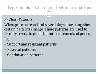 Types of charts using in Technical analysis
3) Chart Patterns
When price bar charts of several days drawn together
certain patterns emerge. These patterns are used to
identify trends to predict future movements of prices.
Eg:
 Support and resistant patterns
 Reversal patterns
 Continuation patterns

 