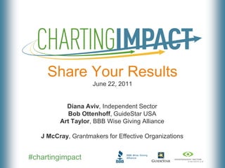 Share Your Results
                    June 22, 2011


           Diana Aviv, Independent Sector
            Bob Ottenhoff, GuideStar USA
         Art Taylor, BBB Wise Giving Alliance

   J McCray, Grantmakers for Effective Organizations


#chartingimpact
 