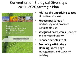 Convention on Biological Diversity’s
    2011- 2020 Strategic Plan
               • Address the underlying causes
                 of biodiversity loss
               • Reduce pressures on
                 biodiversity and promote
                 sustainable use
               • Safeguard ecosystems, species
                 and genetic diversity
               • Enhance benefits to all
               • Promote participatory
                 planning, knowledge
                 management and capacity
                 building
 