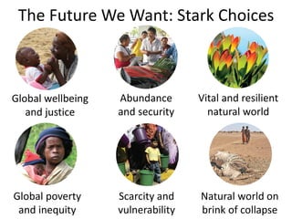 The Future We Want: Stark Choices



Global wellbeing   Abundance       Vital and resilient
   and justice     and security      natural world




Global poverty     Scarcity and    Natural world on
 and inequity      vulnerability   brink of collapse
 