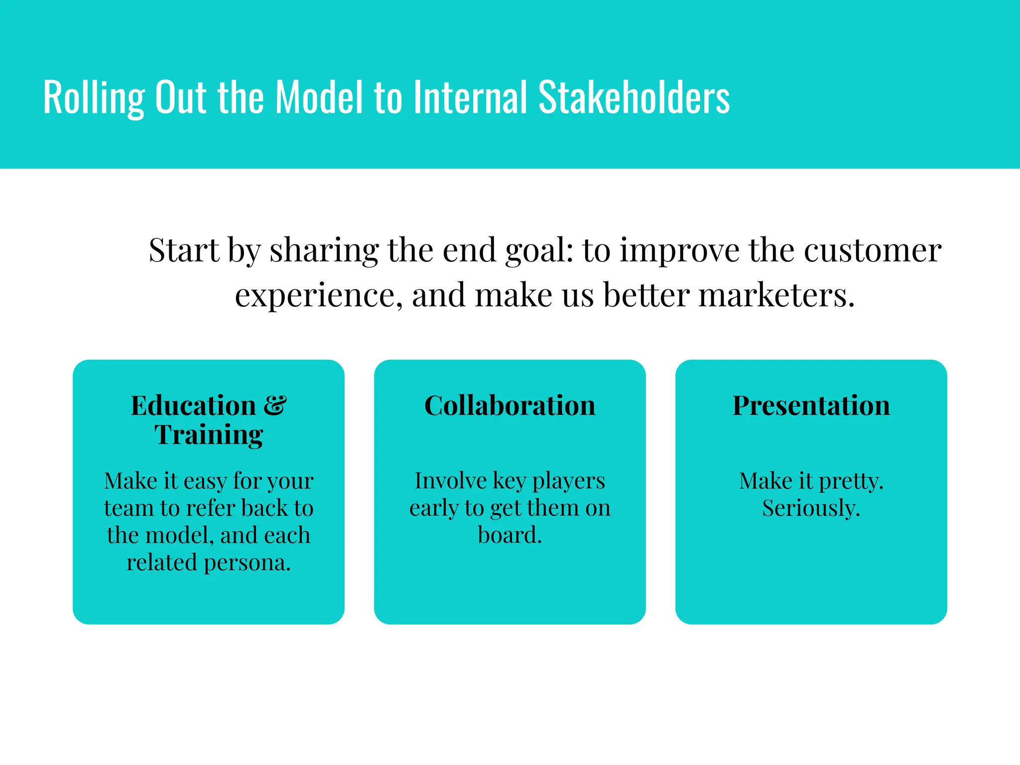 Rolling Out the Model to Internal Stakeholders
Positioning the Model
Start by sharing the end goal: to improve the customer
experience, and make us better marketers.
Make it easy for your
team to refer back to
the model, and each
related persona.
Education &
Training
Involve key players
early to get them on
board.
Collaboration
Make it pretty.
Seriously.
Presentation
 