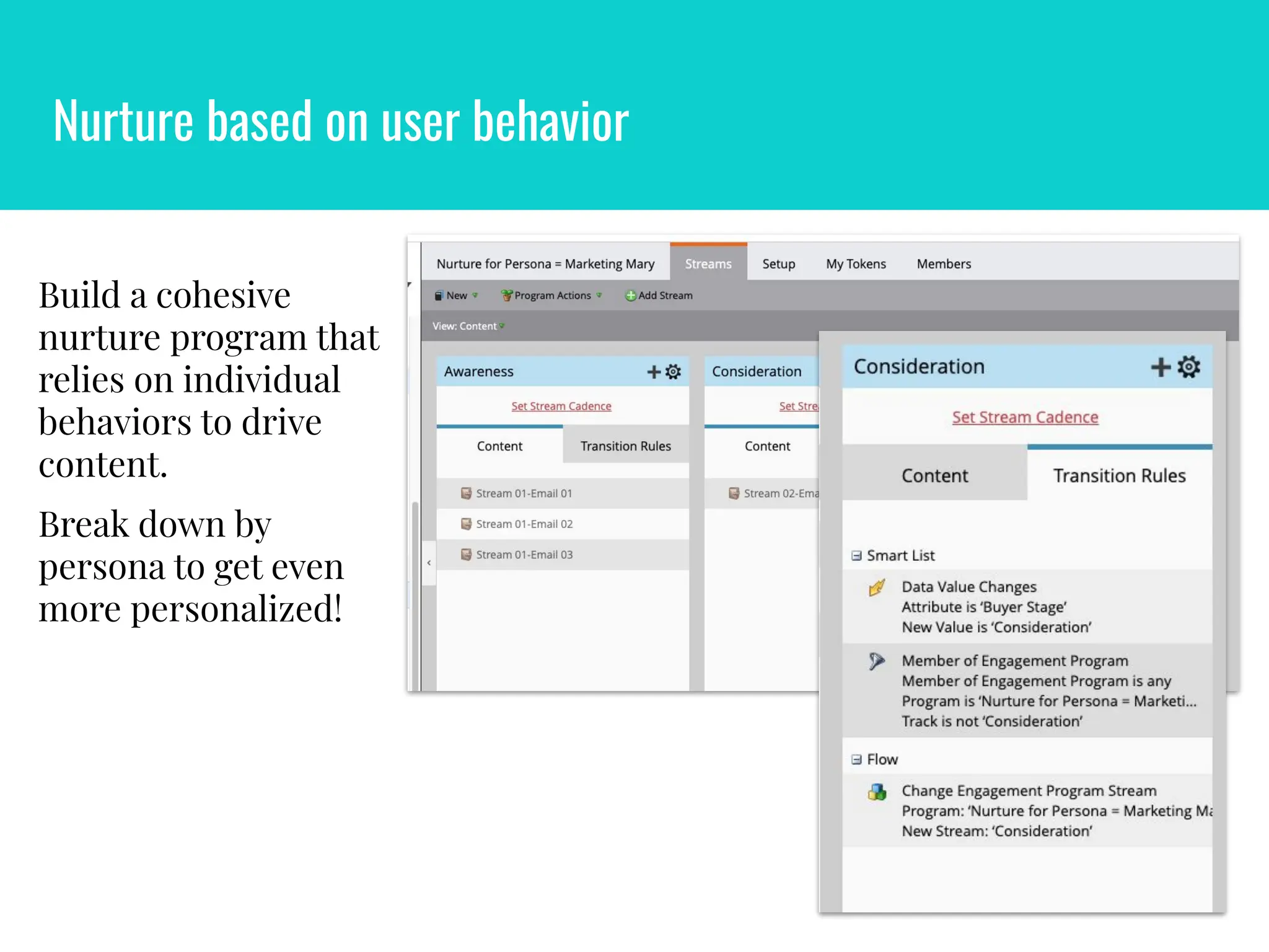 Nurture based on user behavior
Build a cohesive
nurture program that
relies on individual
behaviors to drive
content.
Break down by
persona to get even
more personalized!
 