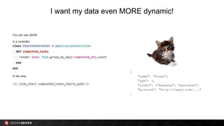 I want my data even MORE dynamic!
You can use JSON!
In a controller:
class ChartsController < ApplicationController
def completed_tasks
render json: Task.group_by_day(:completed_at).count
end
end
In the view:
<%= line_chart completed_tasks_charts_path %>
 