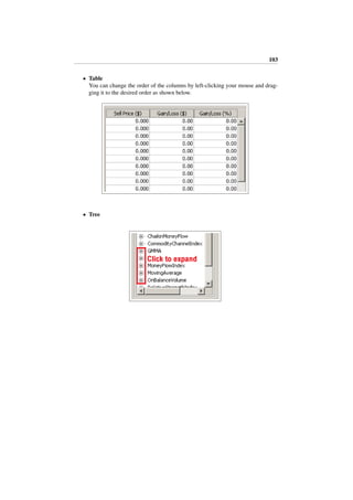 103
• Table
You can change the order of the columns by left-clicking your mouse and drag-
ging it to the desired order as shown below.
• Tree
 