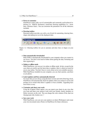1.2. Why Use ChartNexus ? 4
• Power to customize
ChartNexus comes with a set of customizable and commonly used technical in-
dicators (i.e. MACD, Stochastic), trend-lines drawing capabilities (i.e. arrow
lines, Fibonacci lines). You can customize the parameters for all the indicators
included.
• Drawing toolbox
Drawing toolbox provides you with a set of tools for annotating, drawing lines,
shapes and adding text on to the displayed chart.
Figure 1.2: Drawing toolbox for you to annotate and draw lines or shapes on your
chart.
• Data automatically downloaded
Daily EOD is automatically downloaded to your computer when you connect to
our server. You don’t even need to bother about getting the data, formating and
then organizing it.
• Online or oﬄine mode
With ChartNexus, you can use it in online or oﬄine mode. In fact, except for the
case when you need to get the latest data or updates, there is almost no need for
you to stay online. You don’t have to worry about server not available anymore.
With ChartNexus installed on your computer, you can chart anytime, anywhere
as you please.
• Latest updates and ﬁxes automatically detected
To ensure that you are always using the latest version and with all the bugs ﬁxed,
ChartNexus will automatically check for updates when you connect to server and
prompt you to install when there is updates or ﬁxes available. Upgrading have
never been so easy.
• Customise and share your work
Using the (Capture Chart) option, you can export your charts in any sizes that
you want and share your analysis work with your friends, family members or
fellow investors on the web. You can change the color scheme of the chart too
(background, title, borders etc.) !
• Save your work
With ChartNexus, you can save your analysis on charts (Workspace) and create
your own investment notes (Notes) in ChartNexus for future references.
 