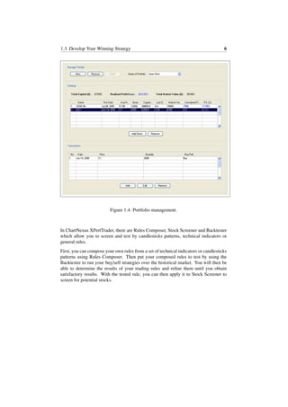 1.3. Develop Your Winning Strategy 6
Figure 1.4: Portfolio management.
In ChartNexus XPertTrader, there are Rules Composer, Stock Screener and Backtester
which allow you to screen and test by candlesticks patterns, technical indicators or
general rules.
First, you can compose your own rules from a set of technical indicators or candlesticks
patterns using Rules Composer. Then put your composed rules to test by using the
Backtester to run your buy/sell strategies over the historical market. You will then be
able to determine the results of your trading rules and reﬁne them until you obtain
satisfactory results. With the tested rule, you can then apply it to Stock Screener to
screen for potential stocks.
 