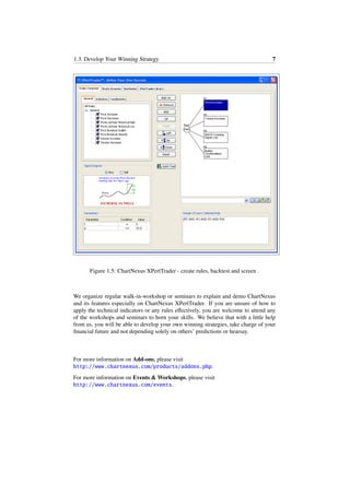 1.3. Develop Your Winning Strategy 7
Figure 1.5: ChartNexus XPertTrader - create rules, backtest and screen .
We organize regular walk-in-workshop or seminars to explain and demo ChartNexus
and its features especially on ChartNexus XPertTrader. If you are unsure of how to
apply the technical indicators or any rules eﬀectively, you are welcome to attend any
of the workshops and seminars to horn your skills. We believe that with a little help
from us, you will be able to develop your own winning strategies, take charge of your
ﬁnancial future and not depending solely on others’ predictions or hearsay.
For more information on Add-ons, please visit
http://www.chartnexus.com/products/addons.php.
For more information on Events & Workshops, please visit
http://www.chartnexus.com/events.
 