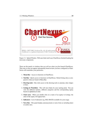 3.2. Working Windows 14
Figure 3.1: Splash Window. Will auto-hide itself once ChartNexus ﬁnished loading the
necessary components.
These are the panels or windows that you will see when you ﬁrst launch ChartNexus.
They may or may not appear subsequently based on how you have conﬁgured as Chart-
Nexus will remember your preference.
1. Menu Bar - Access to functions in ChartNexus.
2. Tool Bar - Quick access to functions in ChartNexus. Partial listing only as com-
pared to what are found in Menu Bar.
3. Drawing tools - One click access to the drawing tools to annotate, draw shapes
or lines.
4. Listings & Watchlists - This will most likely be your starting point. You can
view the diﬀerent markets, diﬀerent categories and the corresponding equity
based on alphabetical order.
5. Chart area - When you double click on a name of an equity in Listings, the
chart of the equity will appear here.
6. Indicators - List of indicators (eg. RSI, MACD) available for your usage.
7. News Bar - This panel display announcements or news from us including latest
or earlier ones.
 
