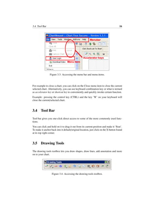 3.4. Tool Bar 16
Figure 3.3: Accessing the menu bar and menu items.
For example to close a chart, you can click on the Close menu item to close the current
selected chart. Alternatively, you can use keyboard combination key or what is termed
as accelerator key or shortcut key to conveniently and quickly invoke certain function.
Example: pressing the control key (CTRL) and the key ’W’ on your keyboard will
close the current/selected chart.
3.4 Tool Bar
Tool bar gives you one-click direct access to some of the more commonly used func-
tions.
You can click and hold on it to drag it out from its current position and make it ’ﬂoat’.
To make it anchor back into it default/original location, just click on the X button found
at its top right corner.
3.5 Drawing Tools
The drawing tools toolbox lets you draw shapes, draw lines, add annotation and more
on to your chart.
Figure 3.4: Accessing the drawing tools toolbox.
 