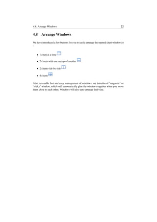4.8. Arrange Windows 22
4.8 Arrange Windows
We have introduced a few buttons for you to easily arrange the opened chart window(s)
:
• 1 chart at a time
• 2 charts with one on top of another
• 2 charts side by side
• 4 charts
Also, to enable fast and easy management of windows, we introduced ’magnetic’ or
’sticky’ window, which will automatically glue the windows together when you move
them close to each other. Windows will also auto arrange their size.
 