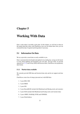 Chapter 5
Working With Data
Data is what makes it possible to plot chart. In this chapter, we will look at what are
the market data that comes with ChartNexus, how you can obtain them, how you can
(re)install the data if required and ﬁxing them if necessary.
5.1 Information On Data
We try to provide as much data as easily available to you.
Data is automatically downloaded and updated every trading day, saving you the hassle
to worry about updating and formatting your own data. On top of that, we provide
adjusted (see 5.1.2) end-of-day (EOD) and historical data. ChartNexus uses proprietary
data format.
5.1.1 Market data available
We currently provide EOD data and historical data only and do not support real-time
data.
ChartNexus comes free-of-charge (personal use) with EOD data :
1. 3 years BSE, NSE
2. 3 years HKSE
3. 3 years JSX
4. 3 years Bursa/KLSE (include both Mainboard and Mesdaq stocks and warrants)
5. 3 years SGX (include both Mainboard and Sesdaq stocks and warrants data)
6. 3 years AMEX, NASDAQ, NYSE and USINDEX
7. 3 years World Indices
23
 