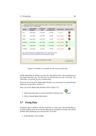 5.7. Fixing Data 31
Figure 5.8: Installer or re-installer for the various market data.
NOTE: Depending on whether you have any subscription with us, the year/duration of
the market data may vary. For free user, we only provide you with 1 year data. For
subscribers, we provide 10 years of market data.
If you do not see the above Market Data Installer, you can activate it by going through
the process as describe in Section 5.7.
Once you see the Market Data Installer (refer to Figure 5.8),
1. Select the market that you want (re)install by clicking on the button.
2. Click on Install Market Data button.
5.7 Fixing Data
Sometimes due to problem with the connection or some issue with downloading or
possibly problem at our server end, the data may be corrupted or missing, and causing
problem when displaying your selected chart. To ﬁx this,
1. In the Menubar, click on Help.
 