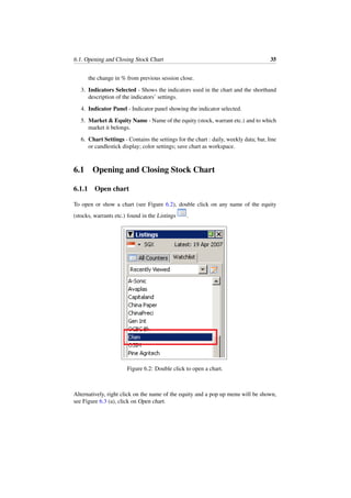 6.1. Opening and Closing Stock Chart 35
the change in % from previous session close.
3. Indicators Selected - Shows the indicators used in the chart and the shorthand
description of the indicators’ settings.
4. Indicator Panel - Indicator panel showing the indicator selected.
5. Market & Equity Name - Name of the equity (stock, warrant etc.) and to which
market it belongs.
6. Chart Settings - Contains the settings for the chart : daily, weekly data; bar, line
or candlestick display; color settings; save chart as workspace.
6.1 Opening and Closing Stock Chart
6.1.1 Open chart
To open or show a chart (see Figure 6.2), double click on any name of the equity
(stocks, warrants etc.) found in the Listings .
Figure 6.2: Double click to open a chart.
Alternatively, right click on the name of the equity and a pop up menu will be shown,
see Figure 6.3 (a), click on Open chart.
 