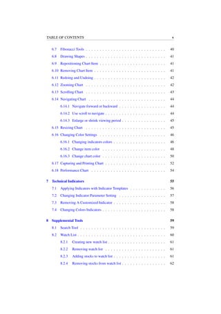 TABLE OF CONTENTS v
6.7 Fibonacci Tools . . . . . . . . . . . . . . . . . . . . . . . . . . . . . 40
6.8 Drawing Shapes . . . . . . . . . . . . . . . . . . . . . . . . . . . . . 41
6.9 Repositioning Chart Item . . . . . . . . . . . . . . . . . . . . . . . . 41
6.10 Removing Chart Item . . . . . . . . . . . . . . . . . . . . . . . . . . 41
6.11 Redoing and Undoing . . . . . . . . . . . . . . . . . . . . . . . . . . 42
6.12 Zooming Chart . . . . . . . . . . . . . . . . . . . . . . . . . . . . . 42
6.13 Scrolling Chart . . . . . . . . . . . . . . . . . . . . . . . . . . . . . 43
6.14 Navigating Chart . . . . . . . . . . . . . . . . . . . . . . . . . . . . 44
6.14.1 Navigate forward or backward . . . . . . . . . . . . . . . . . 44
6.14.2 Use scroll to navigate . . . . . . . . . . . . . . . . . . . . . . 44
6.14.3 Enlarge or shrink viewing period . . . . . . . . . . . . . . . . 45
6.15 Resizing Chart . . . . . . . . . . . . . . . . . . . . . . . . . . . . . 45
6.16 Changing Color Settings . . . . . . . . . . . . . . . . . . . . . . . . 46
6.16.1 Changing indicators colors . . . . . . . . . . . . . . . . . . . 46
6.16.2 Change item color . . . . . . . . . . . . . . . . . . . . . . . 48
6.16.3 Change chart color . . . . . . . . . . . . . . . . . . . . . . . 50
6.17 Capturing and Printing Chart . . . . . . . . . . . . . . . . . . . . . . 52
6.18 Performance Chart . . . . . . . . . . . . . . . . . . . . . . . . . . . 54
7 Technical Indicators 55
7.1 Applying Indicators with Indicator Templates . . . . . . . . . . . . . 56
7.2 Changing Indicator Parameter Setting . . . . . . . . . . . . . . . . . 57
7.3 Removing A Customized Indicator . . . . . . . . . . . . . . . . . . . 58
7.4 Changing Colors Indicators . . . . . . . . . . . . . . . . . . . . . . . 58
8 Supplemental Tools 59
8.1 Search Tool . . . . . . . . . . . . . . . . . . . . . . . . . . . . . . . 59
8.2 Watch List . . . . . . . . . . . . . . . . . . . . . . . . . . . . . . . . 60
8.2.1 Creating new watch list . . . . . . . . . . . . . . . . . . . . . 61
8.2.2 Removing watch list . . . . . . . . . . . . . . . . . . . . . . 61
8.2.3 Adding stocks to watch list . . . . . . . . . . . . . . . . . . . 61
8.2.4 Removing stocks from watch list . . . . . . . . . . . . . . . . 62
 