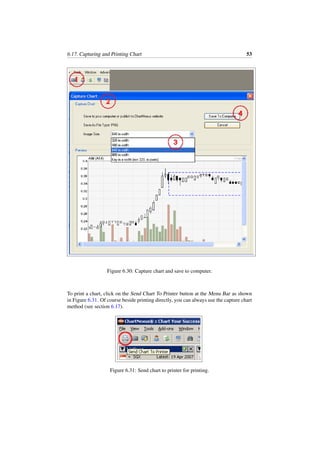 6.17. Capturing and Printing Chart 53
Figure 6.30: Capture chart and save to computer.
To print a chart, click on the Send Chart To Printer button at the Menu Bar as shown
in Figure 6.31. Of course beside printing directly, you can always use the capture chart
method (see section 6.17).
Figure 6.31: Send chart to printer for printing.
 