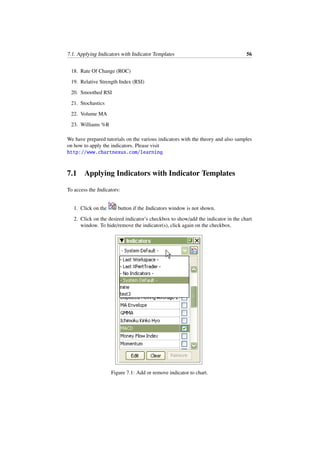 7.1. Applying Indicators with Indicator Templates 56
18. Rate Of Change (ROC)
19. Relative Strength Index (RSI)
20. Smoothed RSI
21. Stochastics
22. Volume MA
23. Williams %R
We have prepared tutorials on the various indicators with the theory and also samples
on how to apply the indicators. Please visit
http://www.chartnexus.com/learning
7.1 Applying Indicators with Indicator Templates
To access the Indicators:
1. Click on the button if the Indicators window is not shown.
2. Click on the desired indicator’s checkbox to show/add the indicator in the chart
window. To hide/remove the indicator(s), click again on the checkbox.
Figure 7.1: Add or remove indicator to chart.
 