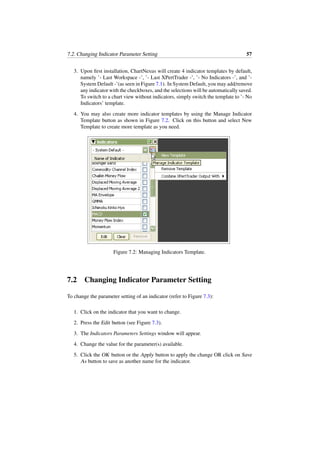 7.2. Changing Indicator Parameter Setting 57
3. Upon ﬁrst installation, ChartNexus will create 4 indicator templates by default,
namely ’- Last Workspace -’, ’- Last XPertTrader -’, ’- No Indicators -’, and ’-
System Default -’(as seen in Figure 7.1). In System Default, you may add/remove
any indicator with the checkboxes, and the selections will be automatically saved.
To switch to a chart view without indicators, simply switch the template to ’- No
Indicators’ template.
4. You may also create more indicator templates by using the Manage Indicator
Template button as shown in Figure 7.2. Click on this button and select New
Template to create more template as you need.
Figure 7.2: Managing Indicators Template.
7.2 Changing Indicator Parameter Setting
To change the parameter setting of an indicator (refer to Figure 7.3):
1. Click on the indicator that you want to change.
2. Press the Edit button (see Figure 7.3).
3. The Indicators Parameters Settings window will appear.
4. Change the value for the parameter(s) available.
5. Click the OK button or the Apply button to apply the change OR click on Save
As button to save as another name for the indicator.
 