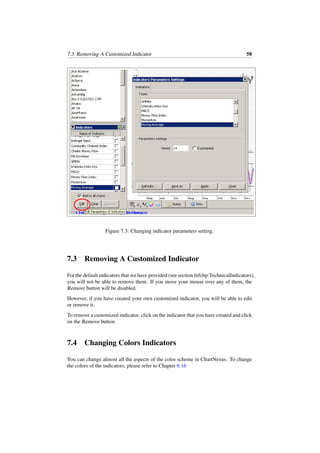 7.3. Removing A Customized Indicator 58
Figure 7.3: Changing indicator parameters setting.
7.3 Removing A Customized Indicator
For the default indicators that we have provided (see section ˜refchp:TechnicalIndicators),
you will not be able to remove them. If you move your mouse over any of them, the
Remove button will be disabled.
However, if you have created your own customized indicator, you will be able to edit
or remove it.
To remove a customized indicator, click on the indicator that you have created and click
on the Remove button.
7.4 Changing Colors Indicators
You can change almost all the aspects of the color scheme in ChartNexus. To change
the colors of the indicators, please refer to Chapter 6.16
 