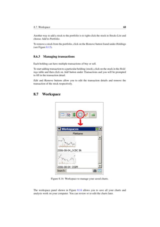 8.7. Workspace 68
Another way to add a stock to the portfolio is to right-click the stock in Stocks List and
choose Add to Portfolio.
To remove a stock from the portfolio, click on the Remove button found under Holdings
(see Figure 8.13).
8.6.3 Managing transactions
Each holding can have multiple transactions of buy or sell.
To start adding transaction to a particular holding (stock), click on the stock in the Hold-
ings table and then click on Add button under Transactions and you will be prompted
to ﬁll in the transaction detail.
Edit and Remove buttons allow you to edit the transaction details and remove the
transaction of the stock respectively.
8.7 Workspace
Figure 8.14: Workspace to manage your saved charts.
The workspace panel shown in Figure 8.14 allows you to save all your charts and
analysis work on your computer. You can review or re-edit the charts later.
 