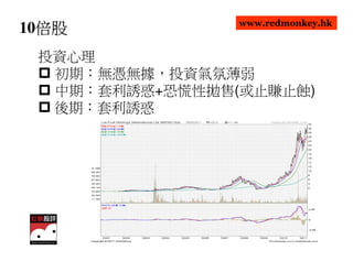 www.redmonkey.hk
  倍股
10倍股
 投資心理
  初期：無憑無據，投資氣氛薄弱
  中期：套利誘惑+恐慌性拋售(或止賺止蝕)
  後期：套利誘惑
 