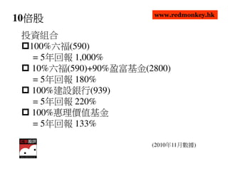 www.redmonkey.hk
  倍股
10倍股
 投資組合
  100%六福(590)
   = 5年回報 1,000%
  10%六福(590)+90%盈富基金(2800)
   = 5年回報 180%
  100%建設銀行(939)
   = 5年回報 220%
  100%惠理價值基金
   = 5年回報 133%

                      (2010年11月數據)
 