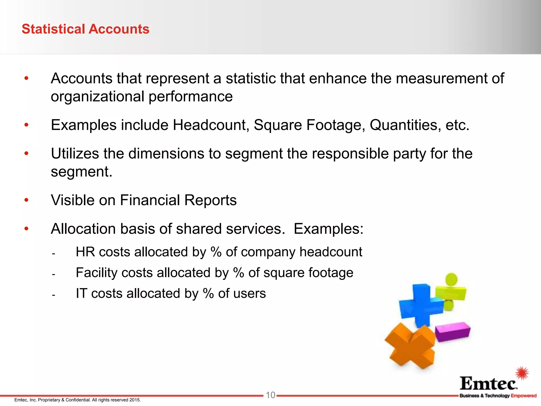 Emtec, Inc. Proprietary & Confidential. All rights reserved 2015.
Statistical Accounts
• Accounts that represent a statistic that enhance the measurement of
organizational performance
• Examples include Headcount, Square Footage, Quantities, etc.
• Utilizes the dimensions to segment the responsible party for the
segment.
• Visible on Financial Reports
• Allocation basis of shared services. Examples:
- HR costs allocated by % of company headcount
- Facility costs allocated by % of square footage
- IT costs allocated by % of users
10
 