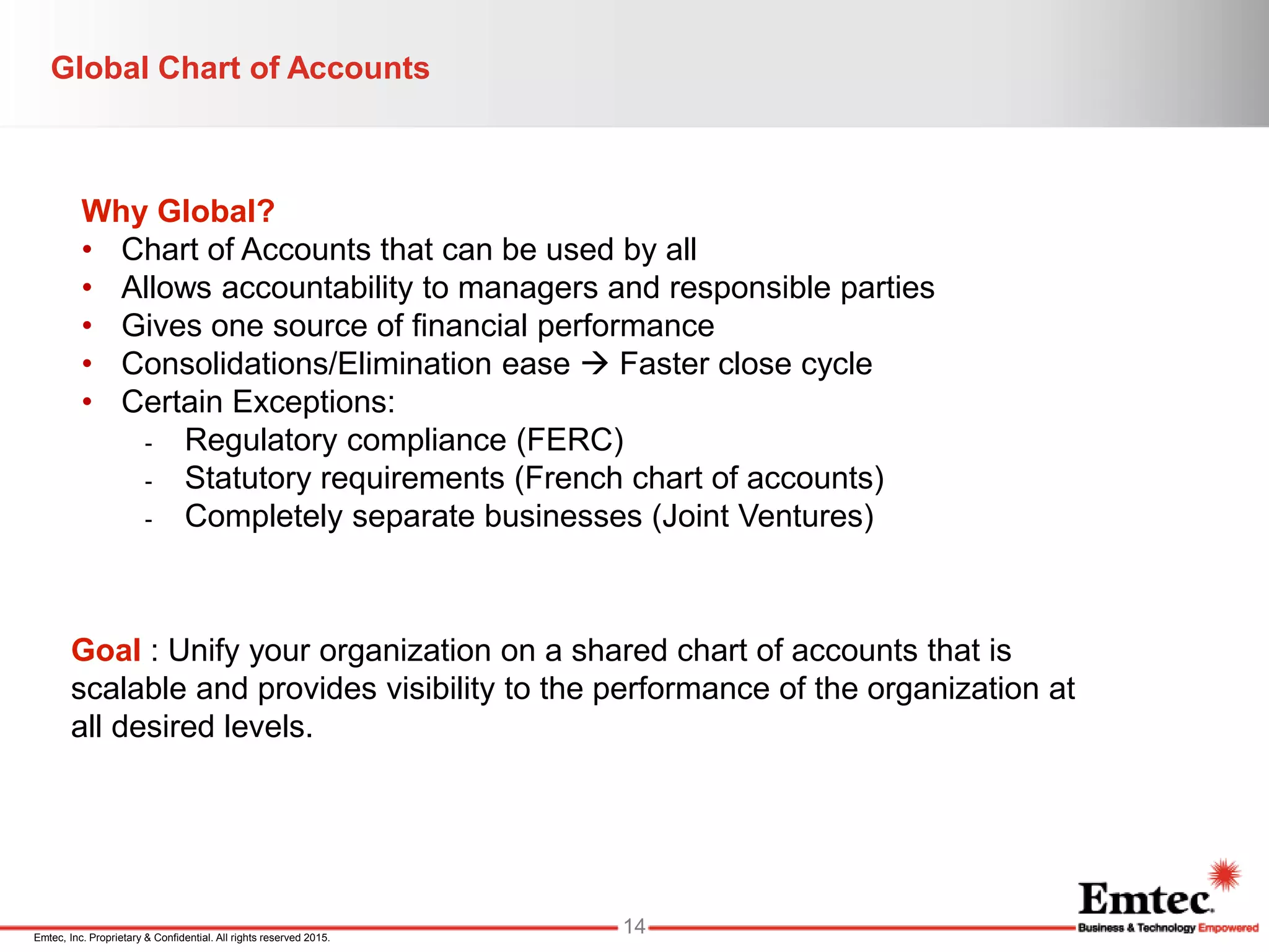 Emtec, Inc. Proprietary & Confidential. All rights reserved 2015.
Why Global?
• Chart of Accounts that can be used by all
• Allows accountability to managers and responsible parties
• Gives one source of financial performance
• Consolidations/Elimination ease  Faster close cycle
• Certain Exceptions:
- Regulatory compliance (FERC)
- Statutory requirements (French chart of accounts)
- Completely separate businesses (Joint Ventures)
Goal : Unify your organization on a shared chart of accounts that is
scalable and provides visibility to the performance of the organization at
all desired levels.
Global Chart of Accounts
14
 