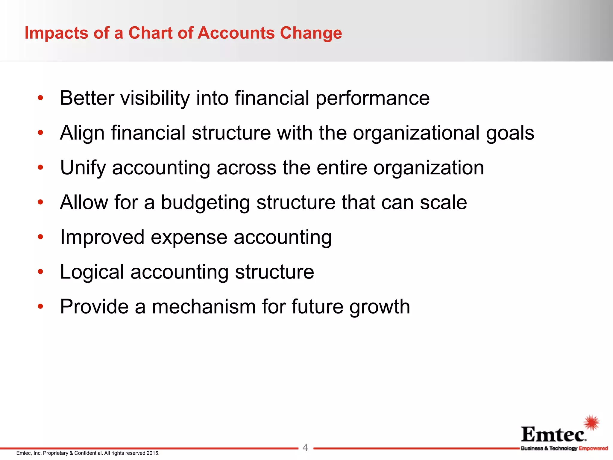 Emtec, Inc. Proprietary & Confidential. All rights reserved 2015.
• Better visibility into financial performance
• Align financial structure with the organizational goals
• Unify accounting across the entire organization
• Allow for a budgeting structure that can scale
• Improved expense accounting
• Logical accounting structure
• Provide a mechanism for future growth
Impacts of a Chart of Accounts Change
4
 