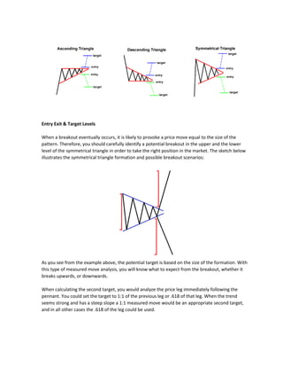 Entry Exit & Target Levels
When a breakout eventually occurs, it is likely to provoke a price move equal to the size of the
pattern. Therefore, you should carefully identify a potential breakout in the upper and the lower
level of the symmetrical triangle in order to take the right position in the market. The sketch below
illustrates the symmetrical triangle formation and possible breakout scenarios:
As you see from the example above, the potential target is based on the size of the formation. With
this type of measured move analysis, you will know what to expect from the breakout, whether it
breaks upwards, or downwards.
When calculating the second target, you would analyze the price leg immediately following the
pennant. You could set the target to 1:1 of the previous leg or .618 of that leg. When the trend
seems strong and has a steep slope a 1:1 measured move would be an appropriate second target,
and in all other cases the .618 of the leg could be used.
 
