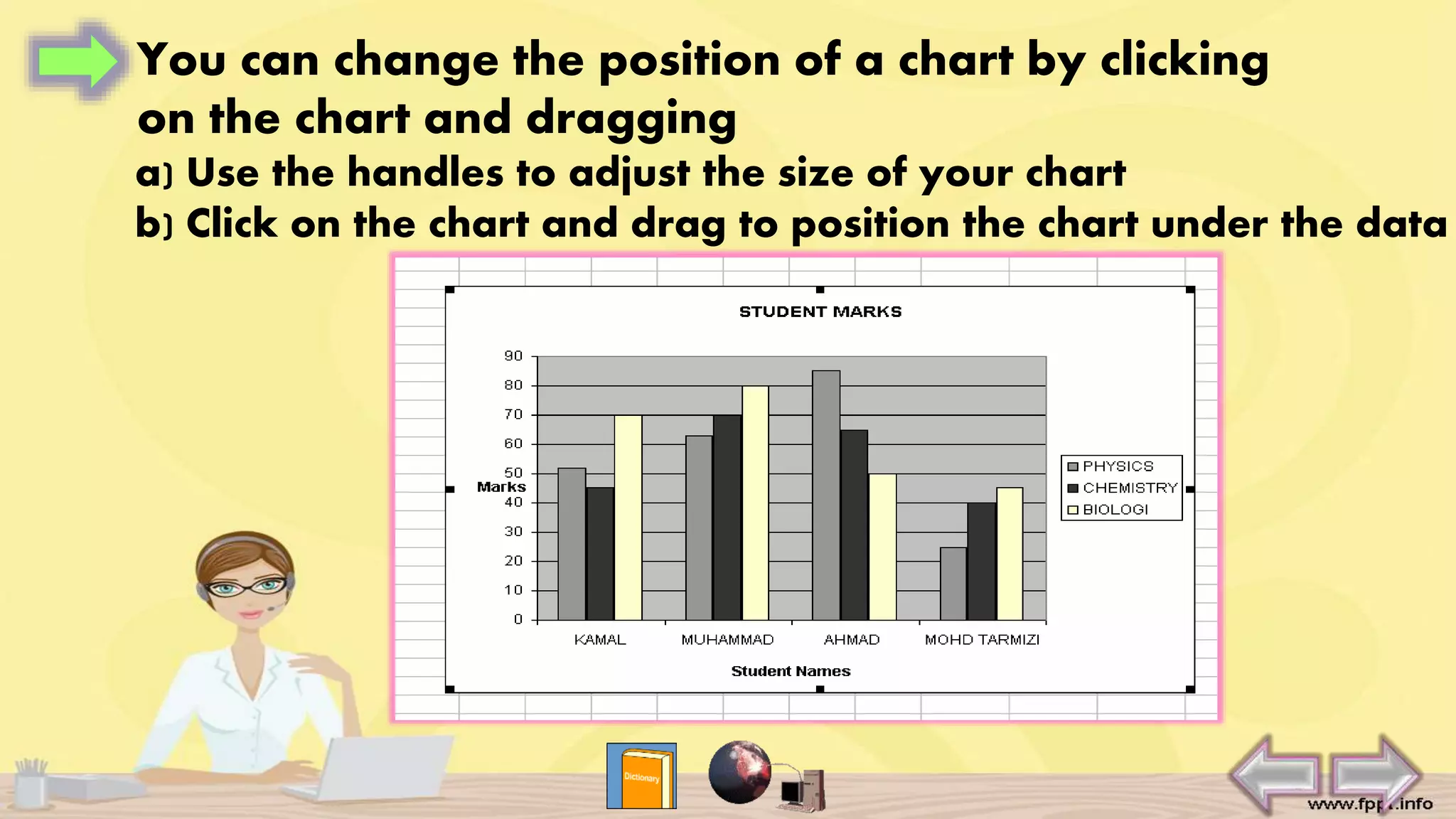 You can change the position of a chart by clicking
on the chart and dragging
a) Use the handles to adjust the size of your chart
b) Click on the chart and drag to position the chart under the data
 