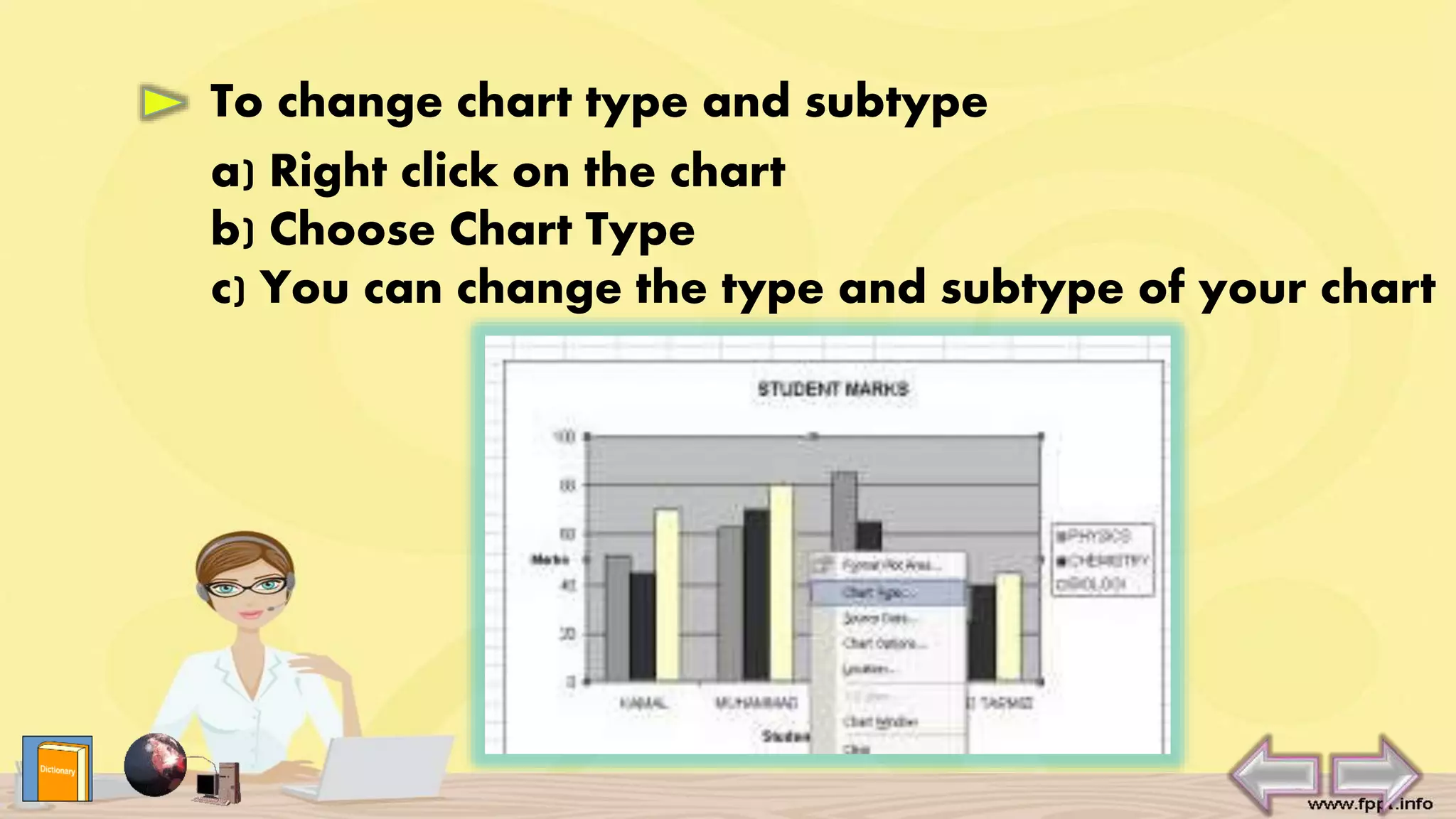 To change chart type and subtype
a) Right click on the chart
b) Choose Chart Type
c) You can change the type and subtype of your chart
 