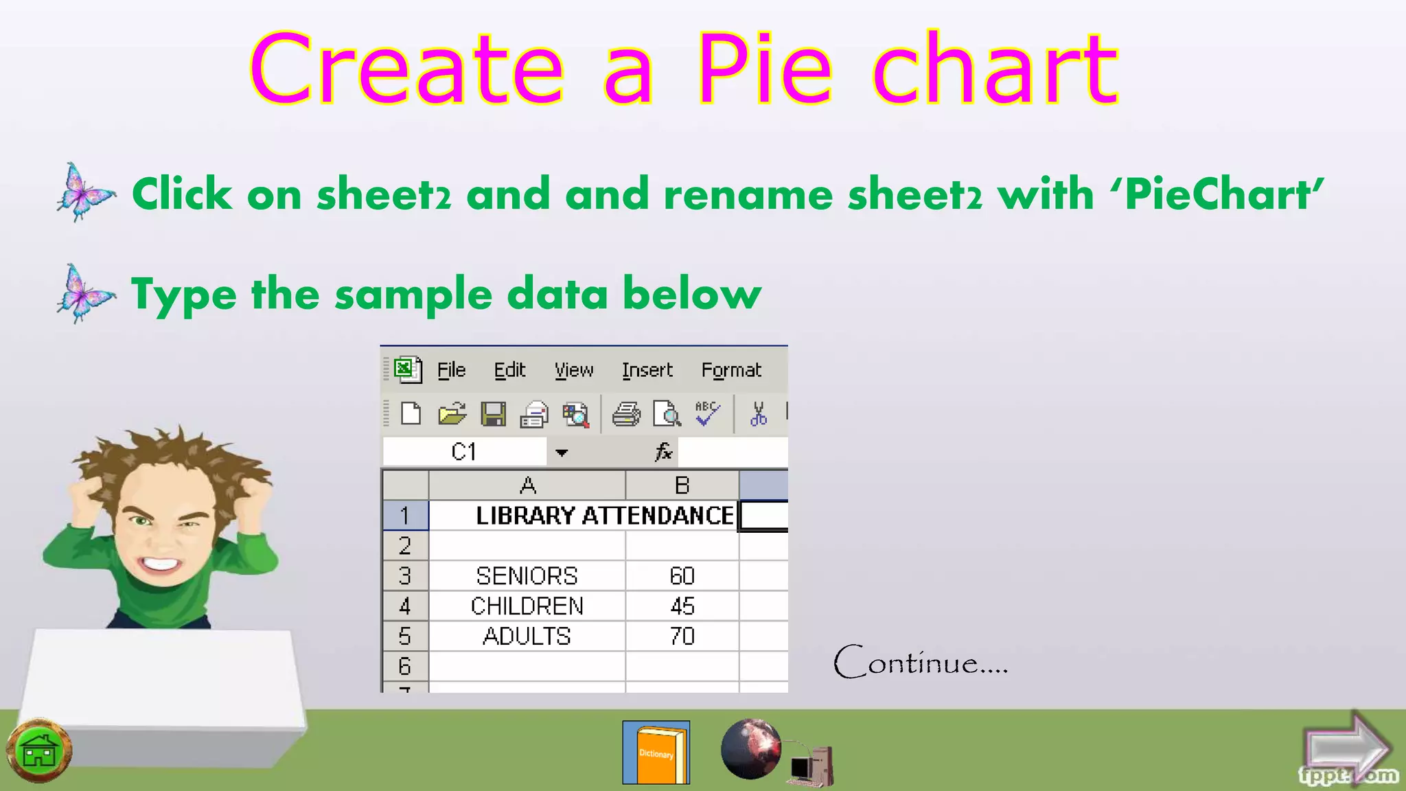 Click on sheet2 and and rename sheet2 with ‘PieChart’
Type the sample data below
Continue….
 