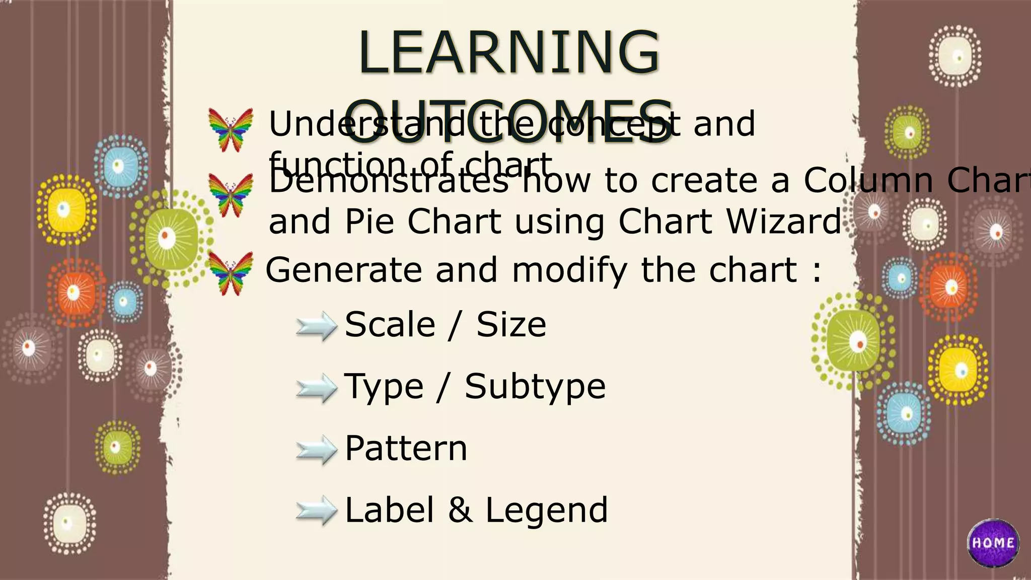 Page 42
Understand the concept and
function of chartDemonstrates how to create a Column Chart
and Pie Chart using Chart Wizard
Generate and modify the chart :
Scale / Size
Type / Subtype
Pattern
Label & Legend
 
