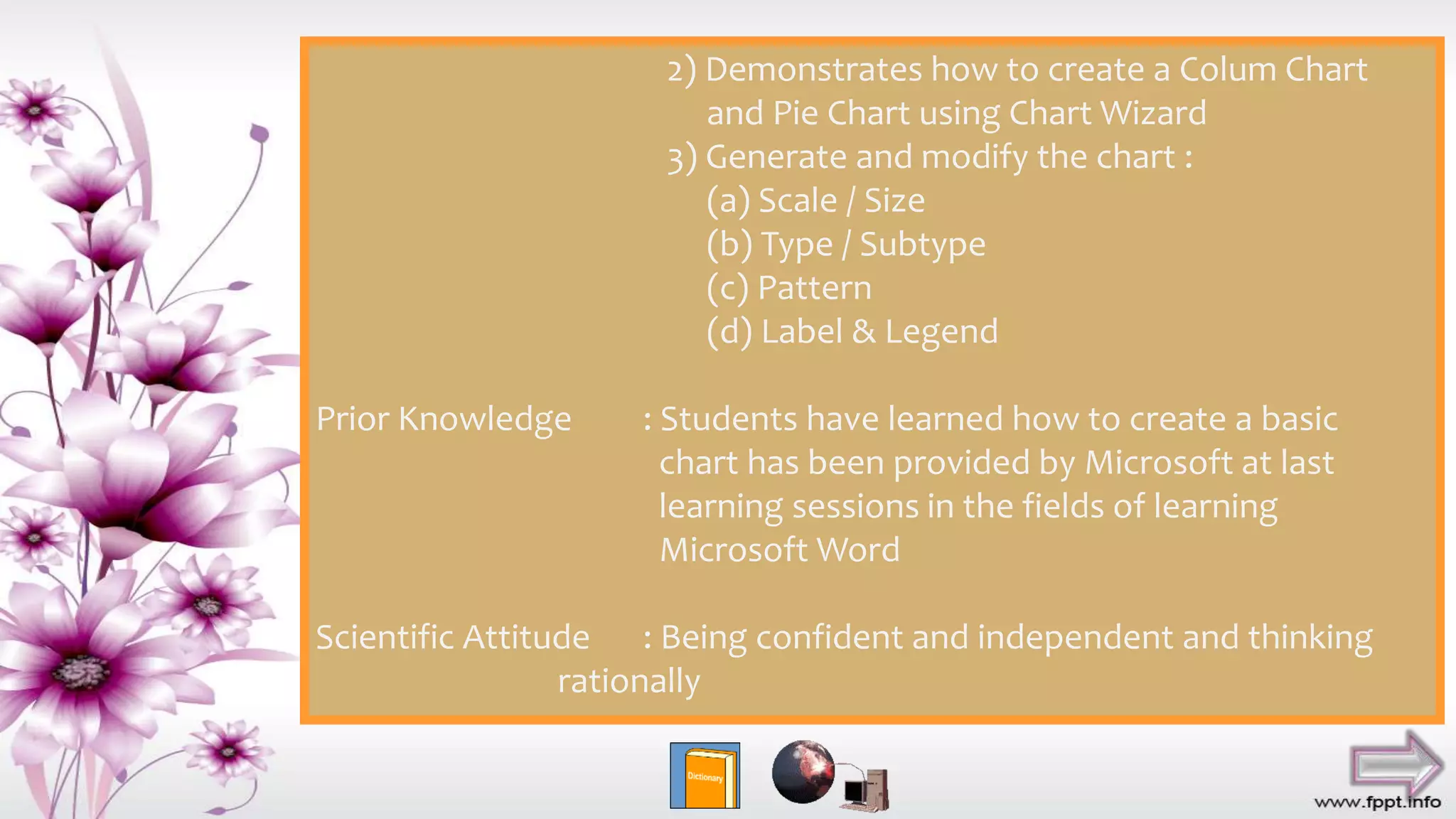 2) Demonstrates how to create a Colum Chart
and Pie Chart using Chart Wizard
3) Generate and modify the chart :
(a) Scale / Size
(b) Type / Subtype
(c) Pattern
(d) Label & Legend
Prior Knowledge : Students have learned how to create a basic
chart has been provided by Microsoft at last
learning sessions in the fields of learning
Microsoft Word
Scientific Attitude : Being confident and independent and thinking
rationally
 