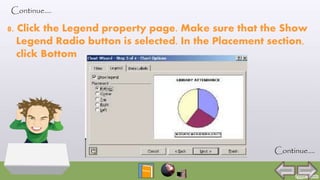 8. Click the Legend property page. Make sure that the Show
Legend Radio button is selected. In the Placement section,
click Bottom
Continue….
Continue….
 