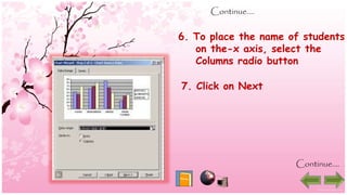 Continue….
6. To place the name of students
on the-x axis, select the
Columns radio button
7. Click on Next
Continue….
 
