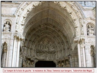 Le tympan de la baie de gauche : la naissance de Jésus, l’annonce aux bergers, l’adoration des Mages
 