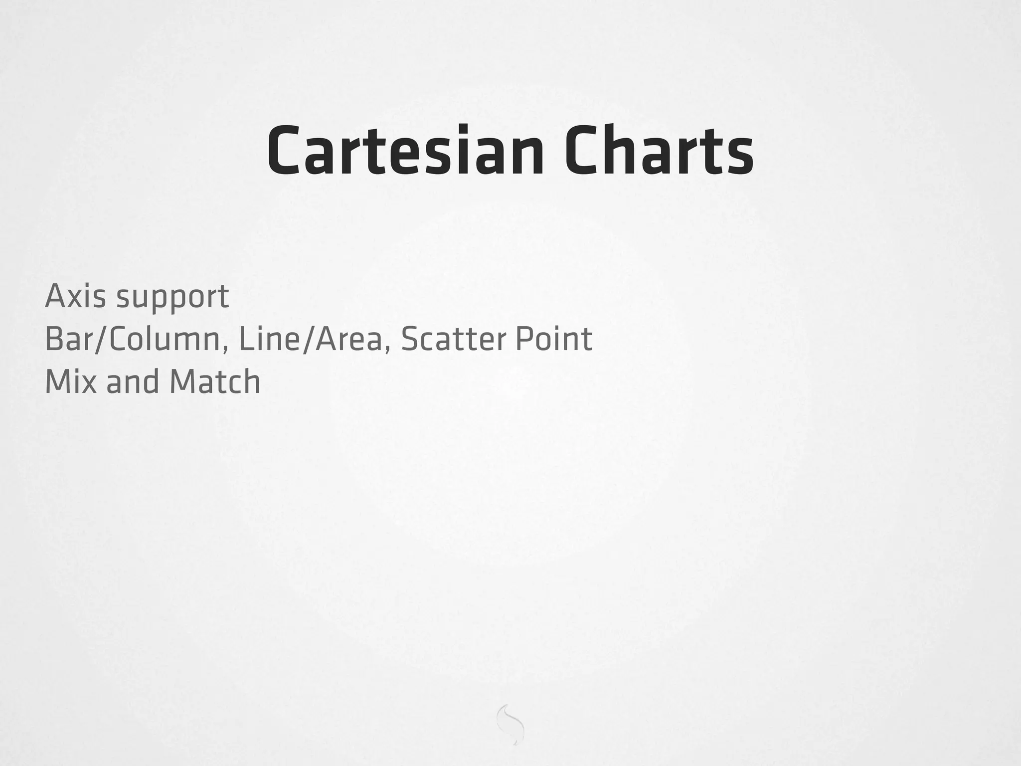 Cartesian Charts
Axis support
Bar/Column, Line/Area, Scatter Point
Mix and Match
 