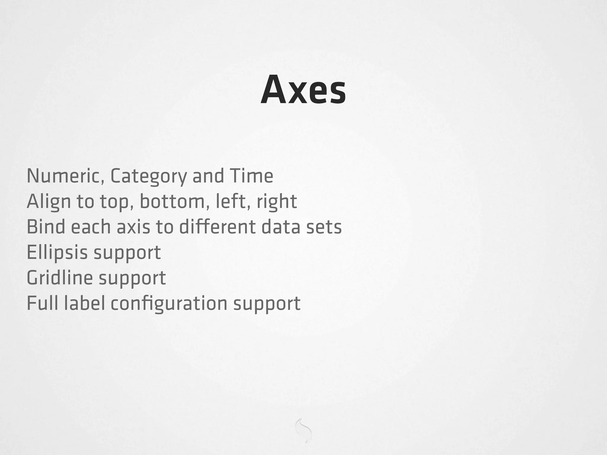 Axes
Numeric, Category and Time
Align to top, bottom, left, right
Bind each axis to di erent data sets
Ellipsis support
Gridline support
Full label conﬁguration support
 