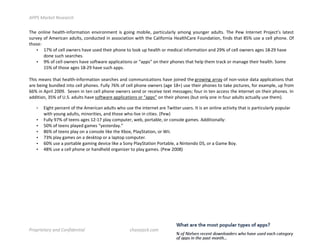 !""#$%&'()*$+),)&'-.$

!"#$ %&'(&#$ "#)'*"+(&,%-.)*(%&$ #&/(-%&.#&*$ (0$ 1%(&1$ .%2('#3$ 4)-*(56')-'7$ ).%&1$ 7%6&1#-$ )86'*09$ !"#$ :#;$ <&*#-&#*$ :-%=#5*>0$ ')*#0*$
06-/#7$%,$?.#-(5)&$)86'*03$5%&865*#8$(&$)00%5()*(%&$;(*"$*"#$@)'(,%-&()$A#)'*"@)-#$B%6&8)*(%&3$,(&80$*")*$CDE$60#$)$5#''$4"%	$F,$
*"%0#G$
    • HIE$%,$5#''$%;&#-0$")/#$60#8$*"#(-$4"%&#$*%$'%%J$64$"#)'*"$%-$.#8(5)'$(&,%-.)*(%&$)&8$KLE$%,$5#''$%;&#-0$)1#0$HC+KL$")/#$
        8%&#$065"$0#)-5"#09$
    • LE$%,$5#''$%;&#-0$")/#$0%,*;)-#$)44'(5)*(%&0$%-$M)440N$%&$*"#(-$4"% $*")*$"#'4$*"#.$*-)5J$%-$.)&)1#$*"#(-$"#)'*"9$O%.#$
        HDE$%,$*"%0#$)1#0$HC+KL$")/#$065"$)4409$
$
!"(0$.#)&0$*")*$"#)'*"+(&,%-.)*(%&$0#)-5"#0$)&8$5%..6&(5)*(%&0$")/#$=%($*"#$1-%;(&1$)--)7$%,$&%&+/%(5#$8)*)$)44'(5)*(%&0$*")*$
)-#$2#(&1$26&8'#8$(&*%$5#''$4"%	$B6''7$IPE$%,$5#''$4"%&#$%;&#-0$Q)1#$HCRS$60#$*"#(-$4"% $*%$*)J#$4(5*6-#03$,%-$#T).4'#3$64$,-%.$
PPE$(&$?4-('$KUUL9$$O#/#&$(&$*#&$5#''$4"%&#$%;&#-0$0#&8$%-$-#5#(/#$*#T*$.#00)1#0V$,%6-$(&$*#&$)55#00$*"#$(&*#-&#*$%&$*"#(-$4"%	$<&$
)88(*(%&3$WDE$%,$X9O9$)86'*0$")/#$0%,*;)-#$)44'(5)*(%&0$%-$M)440N$%&$*"#(-$4"% $Q26*$%&'7$%&#$(&$,%6-$)86'*0$)5*6)''7$60#$*"#.S9$

    •    Y(1"*$4#-5#&*$%,$*"#$?.#-(5)&$)86'*0$;"%$60#$*"#$(&*#-&#*$)-#$!;(**#-$60#-09$<*$(0$)&$%&'(&#$)5*(/(*7$*")*$(0$4)-*(56')-'7$4%46')-$
         ;(*"$7%6&1$)86'*03$.(&%-(*(#03$)&8$*"%0#$;"%$'(/#$(&$5(*(#09$Q:#;S
    •    B6''7$LIE$%,$*##&0$)1#0$HK+HI$4')7$5%.46*#-3$;#23$4%-*)2'#3$%-$5%&0%'#$1).#09$?88(*(%&)''7G$
    •    DUE$%,$*##&0$4')7#8$1).#0$M7#0*#-8)79N$
    •    CPE$%,$*##&0$4')7$%&$)$5%&0%'#$'(J#$*"#$Z2%T3$:')7O*)*(%&3$%-$[((9$
    •    IWE$4')7$1).#0$%&$)$8#0J*%4$%-$)$')4*%4$5%.46*#-9$
    •    PUE$60#$)$4%-*)2'#$1).(&1$8#/(5#$'(J#$)$O%&7$:')7O*)*(%&$:%-*)2'#3$)$(&*#&8%$]O3$%-$)$^).#$_%79$
    •    `CE$60#$)$5#''$4"%&#$%-$")&8"#'8$%-1)&(a#-$*%$4')7$1).#09$Q:#;$KUUCS$

$

$

$

$

$


"'/0'1)*&'2$&34$5/3614)3*1&7$$$$$$$$$$$$$$$$$$$$$$$$$$$$$   -.&,)8&-(9-/:$$$$$$$$$$$$$$$$$$$$$$$$$$$$$$$$$$$$$$$$$$$$$;&3<&'2$=>??$        !"!!!!!!!!!!!!!!!!!!!!!!!!!
 