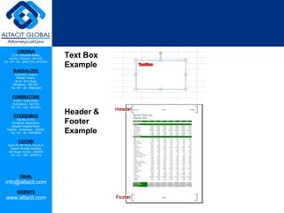 CHENNAI
C2-A, Industrial Estate,
Guindy, Chennai - 600 032.
Tel: +91 - 44 - 22501318, 42107341
BANGALORE
Suite 920, Level 9,
Raheja Towers,
26-27, M G Road,
Bangalore - 560 001.
Tel: +91 - 80 - 65462400
COIMBATORE
#1533, Trichy Road,
Coimbatore – 641018.
Tel: +91 - 422 - 6552921
HYDERABAD
Flat No. A-701,
Brindavan Apartments,
Niloufer Hospital Road,
Redhills, Hyderabad - 500034.
Tel: +91 - 40 - 60506009
COCHIN
Suite 49, 8th Floor, Centre A,
Alapatt Heritage Building,
MG Road, Cochin – 682035
Tel: +91 - 484 - 6506216
EMAIL
info@altacit.com
WEBSITE
www.altacit.com
Text Box
Example
Header &
Footer
Example
 