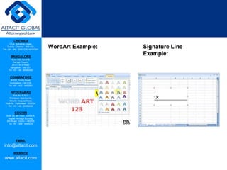 CHENNAI
C2-A, Industrial Estate,
Guindy, Chennai - 600 032.
Tel: +91 - 44 - 22501318, 42107341
BANGALORE
Suite 920, Level 9,
Raheja Towers,
26-27, M G Road,
Bangalore - 560 001.
Tel: +91 - 80 - 65462400
COIMBATORE
#1533, Trichy Road,
Coimbatore – 641018.
Tel: +91 - 422 - 6552921
HYDERABAD
Flat No. A-701,
Brindavan Apartments,
Niloufer Hospital Road,
Redhills, Hyderabad - 500034.
Tel: +91 - 40 - 60506009
COCHIN
Suite 49, 8th Floor, Centre A,
Alapatt Heritage Building,
MG Road, Cochin – 682035
Tel: +91 - 484 - 6506216
EMAIL
info@altacit.com
WEBSITE
www.altacit.com
WordArt Example: Signature Line
Example:
 