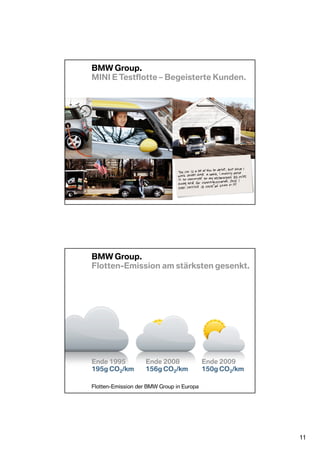 BMW Group.
MINI E Testflotte – Begeisterte Kunden.




BMW Group.
Flotten-Emission am stärksten gesenkt.




Ende 1995           Ende 2008              Ende 2009
195g CO2/km         156g CO2/km            150g CO2/km

Flotten-Emission der BMW Group in Europa




                                                         11
 
