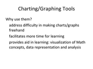 Charting/Graphing Tools Why use them? address difficulty in making charts/graphs freehand facilitates more time for learning provides aid in learning: visualization of Math concepts, data representation and analysis 
