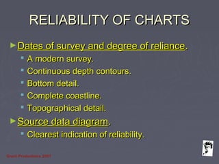 Grunt Productions 2007
RELIABILITY OF CHARTSRELIABILITY OF CHARTS
►Dates of survey and degree of relianceDates of survey and degree of reliance..
 A modern survey.A modern survey.
 Continuous depth contours.Continuous depth contours.
 Bottom detail.Bottom detail.
 Complete coastline.Complete coastline.
 Topographical detail.Topographical detail.
►Source data diagramSource data diagram..
 Clearest indication of reliability.Clearest indication of reliability.
 