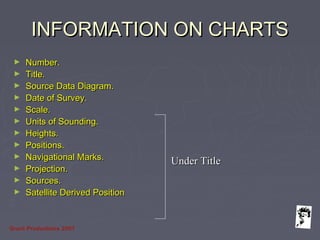 Grunt Productions 2007
INFORMATION ON CHARTSINFORMATION ON CHARTS
► Number.Number.
► Title.Title.
► Source Data Diagram.Source Data Diagram.
► Date of Survey.Date of Survey.
► Scale.Scale.
► Units of Sounding.Units of Sounding.
► Heights.Heights.
► Positions.Positions.
► Navigational Marks.Navigational Marks.
► Projection.Projection.
► Sources.Sources.
► Satellite Derived PositionSatellite Derived Position
Under TitleUnder Title
 