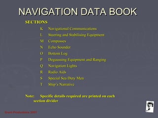 Grunt Productions 2007
NAVIGATION DATA BOOKNAVIGATION DATA BOOK
SECTIONSSECTIONS
KK Navigational CommunicationsNavigational Communications
LL Steering and Stabilising EquipmentSteering and Stabilising Equipment
MM CompassesCompasses
NN Echo SounderEcho Sounder
OO Bottom LogBottom Log
PP Degaussing Equipment and RangingDegaussing Equipment and Ranging
QQ Navigation LightsNavigation Lights
RR Radio AidsRadio Aids
SS Special Sea Duty MenSpecial Sea Duty Men
TT Ship’s NarrativeShip’s Narrative
Note:Note: Specific details required are printed on eachSpecific details required are printed on each
section dividersection divider
 