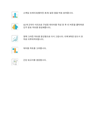 스케일 브레이크(찢어진 효과) 설정 창을 바로 보여줍니다.
남/여 2개의 시리즈로 구성된 데이터를 작성 한 후 이 버튼을 클릭하면
인구 분포 차트를 완성해줍니다.
현재 그려진 차트를 분산형으로 다시 그립니다. 이때 X축은 반드시 숫
자로 이루어져야합니다.
워터풀 차트를 그려줍니다.
간단 보고서를 생성합니다. 
 